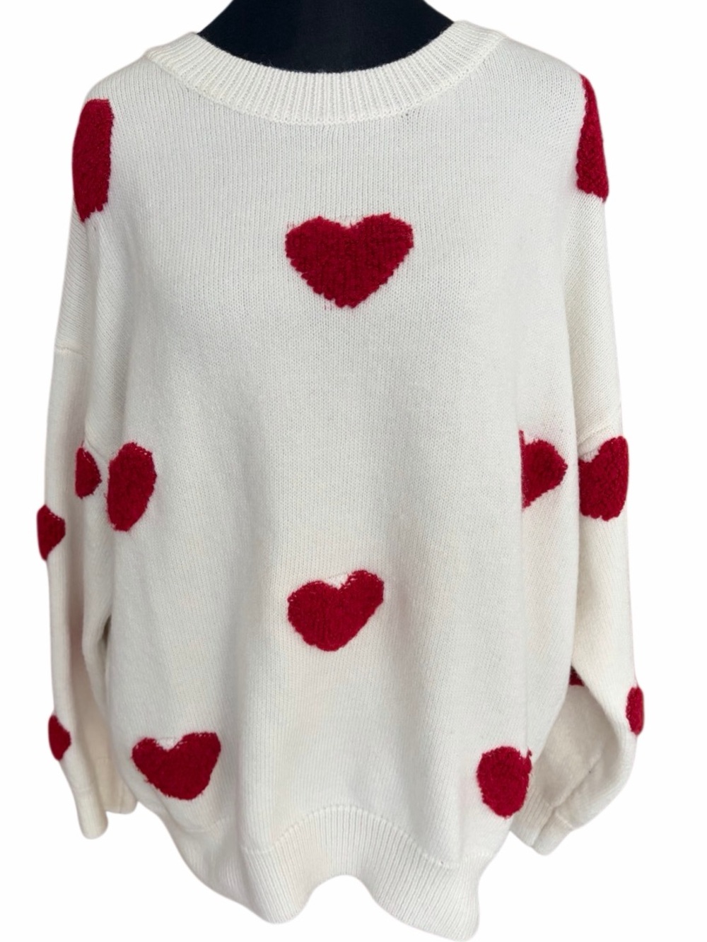White raised heart crew neck drop shoulder long sleeved sweater size XXL.